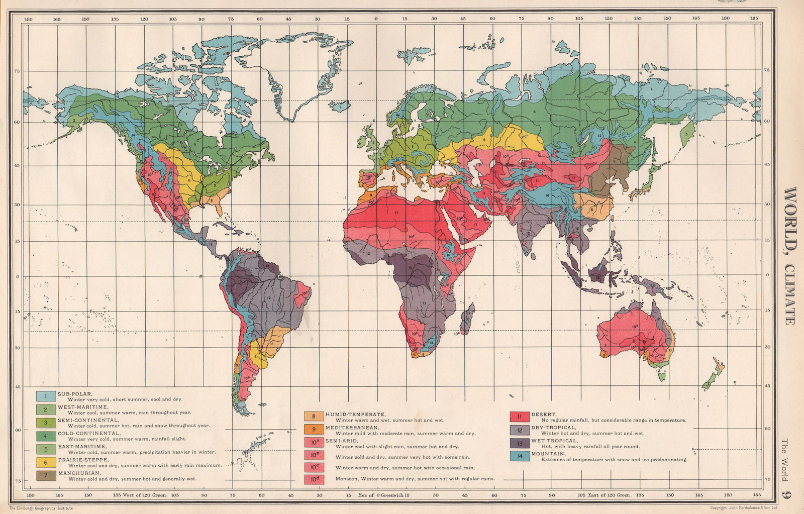 WORLD CLIMATE. maritime continental desert tropical &c. BARTHOLOMEW 1952 map
